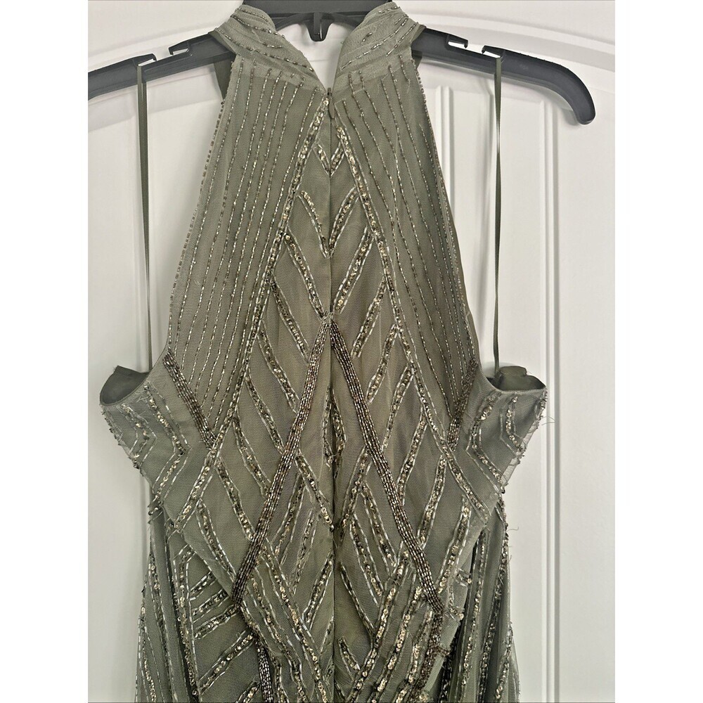 Lauren Ralph Lauren Women's Beaded Mesh Sleeveless Halter Gown Olive Green 10 - Picture 9 of 13
